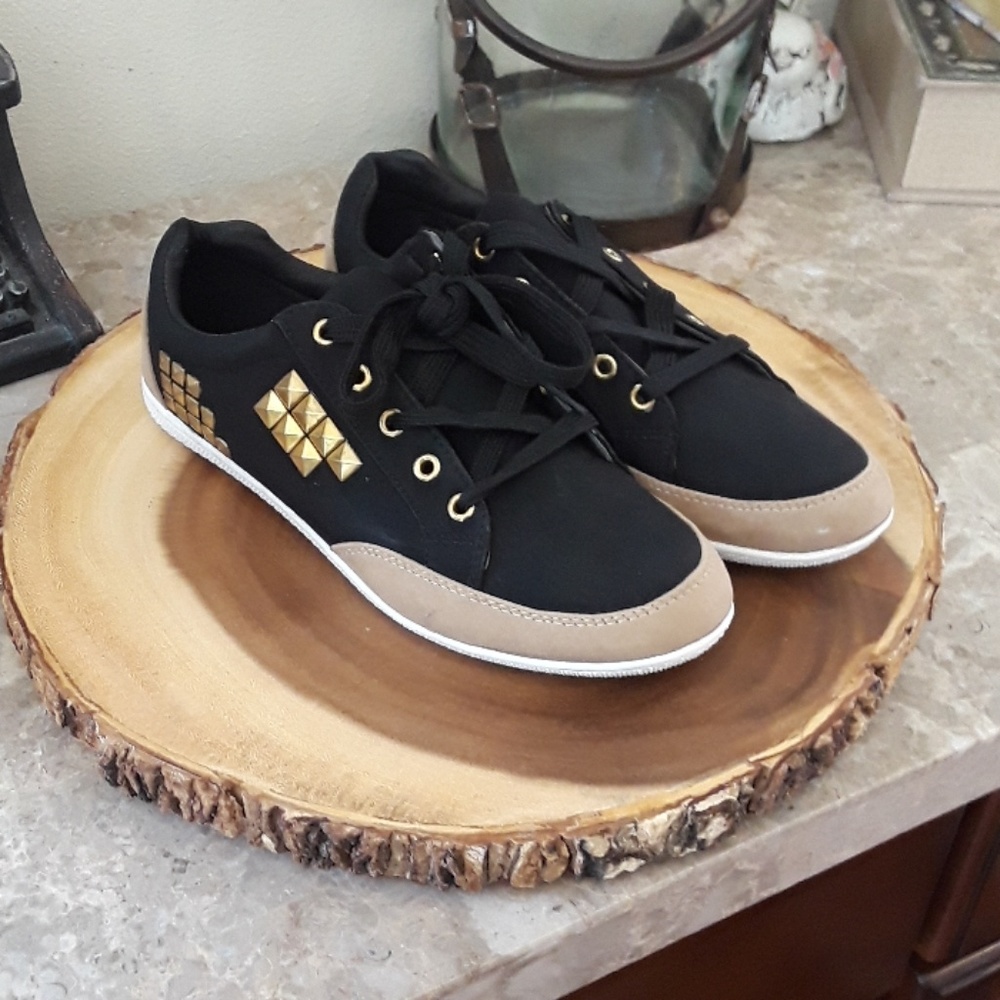 Women's Black and gold studded sneakers